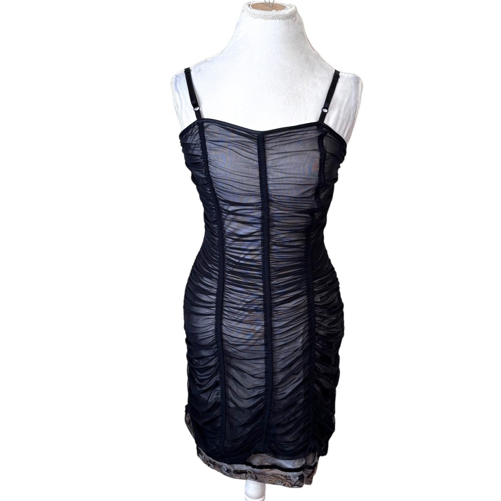 Vintage Sue Wong Y2K Ruched Mesh Sheer Dress Medium Black Whimsigoth Romantic